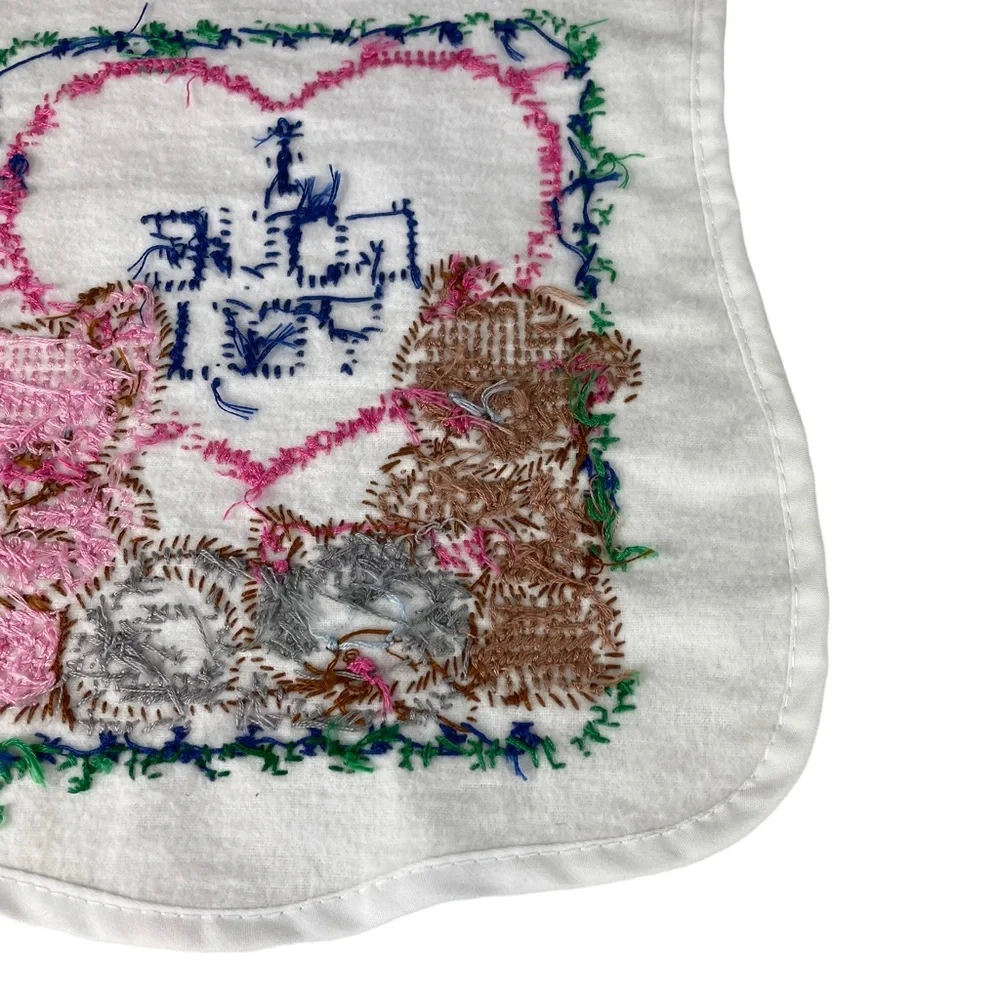Vintage Handmade Cross Stitch Baby Bib Kitten Bunny Bear I Love You Tie-up Heart